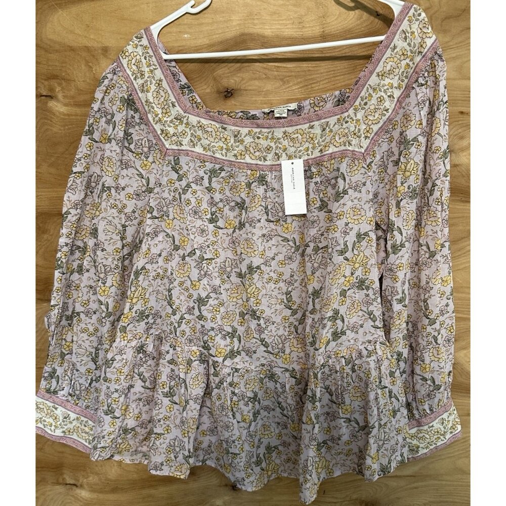 NWT American Eagle Woman’s Floral Cotton Long Sleeve Blouse Cottage Boho Peasant